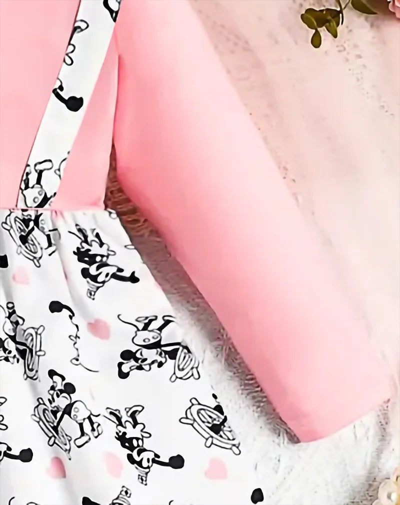 A Single Autumn Playful And Cute Pink Round-Neck Imitation Overbody Dress With Printed Patterns