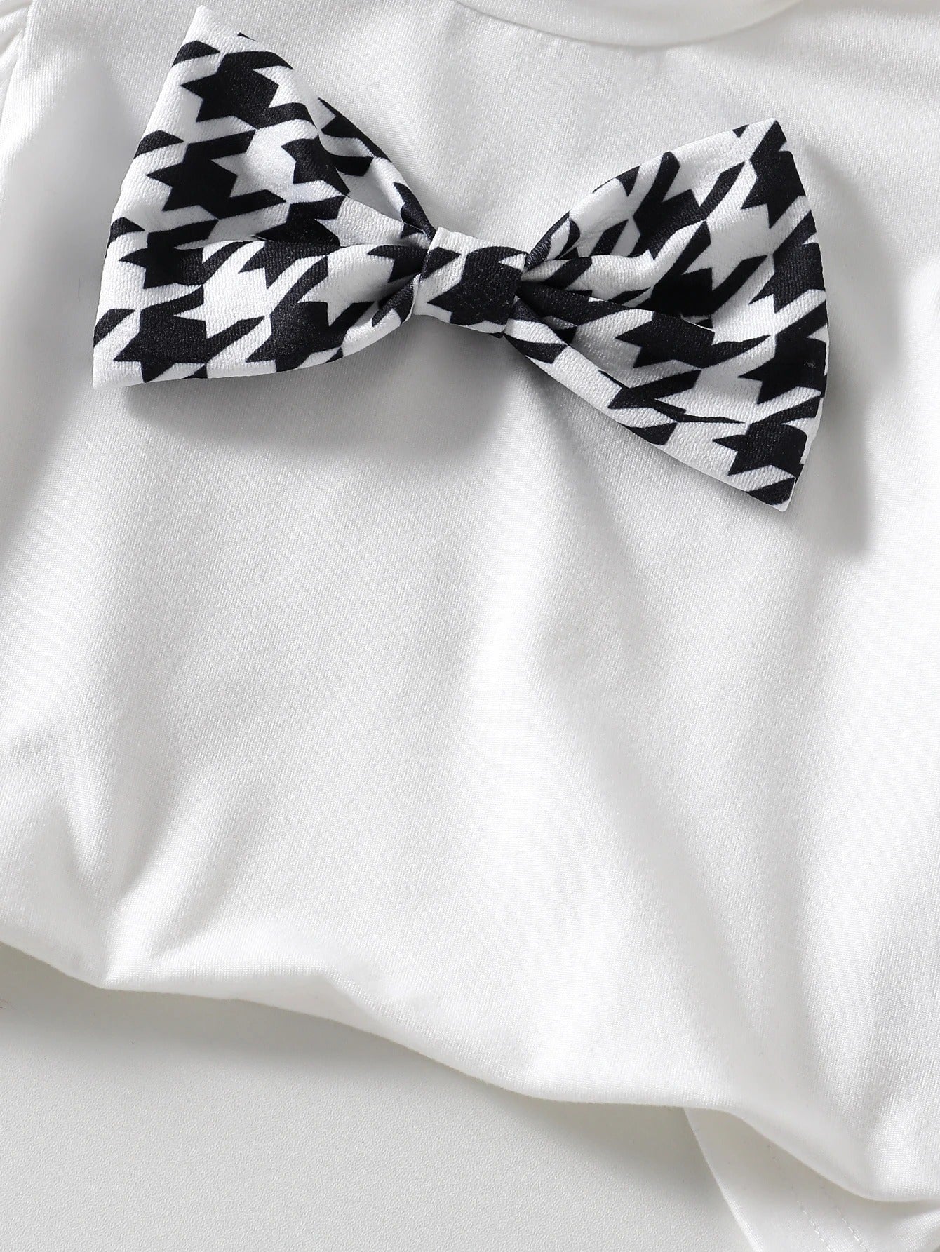 White Round-Neck Puff Sleeve Top + Plaid A-Line Casual Skirt Set,