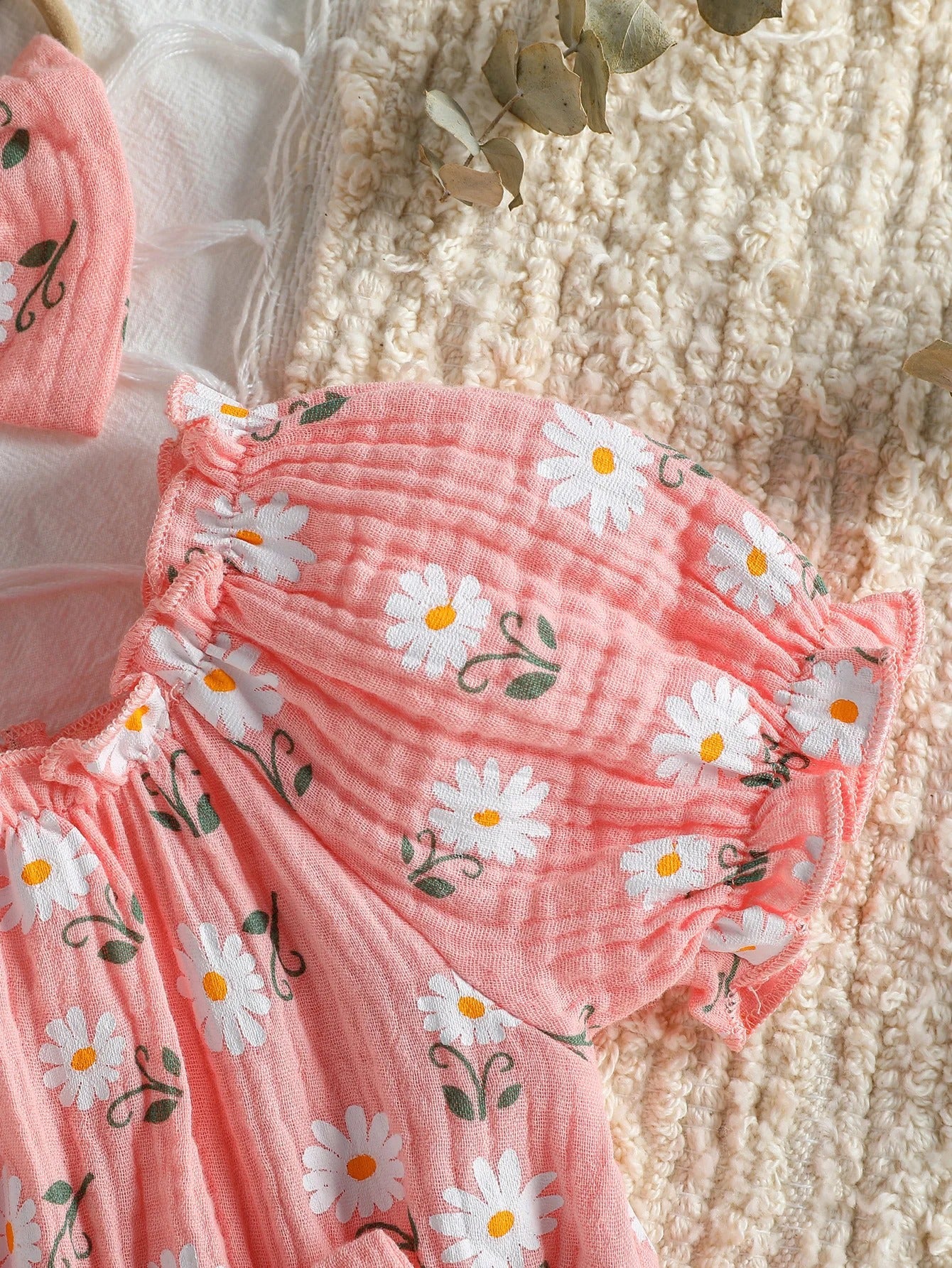 Rompers Dress Daisy Print Short Sleeve Jumpsuits Clothes Bodysuits +Headband.
