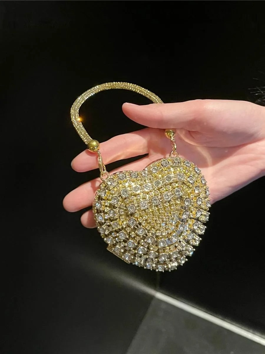 Luxury Small Bling Heart Shape Diamond Evening Clutch Rhinestones Purse