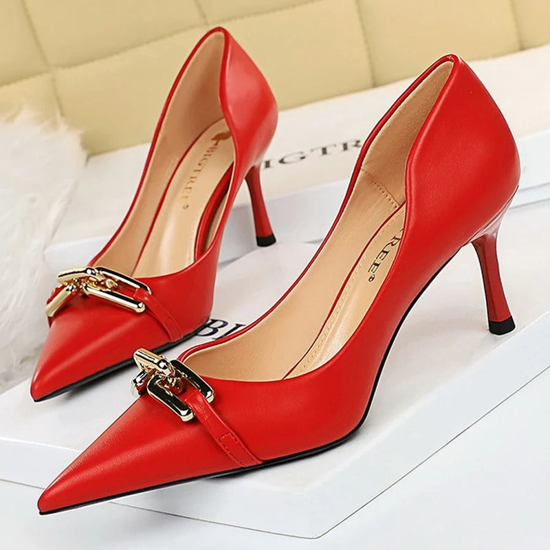 BIGTREE Shoes Elegant Women Pumps Metal Button Kitten Heels