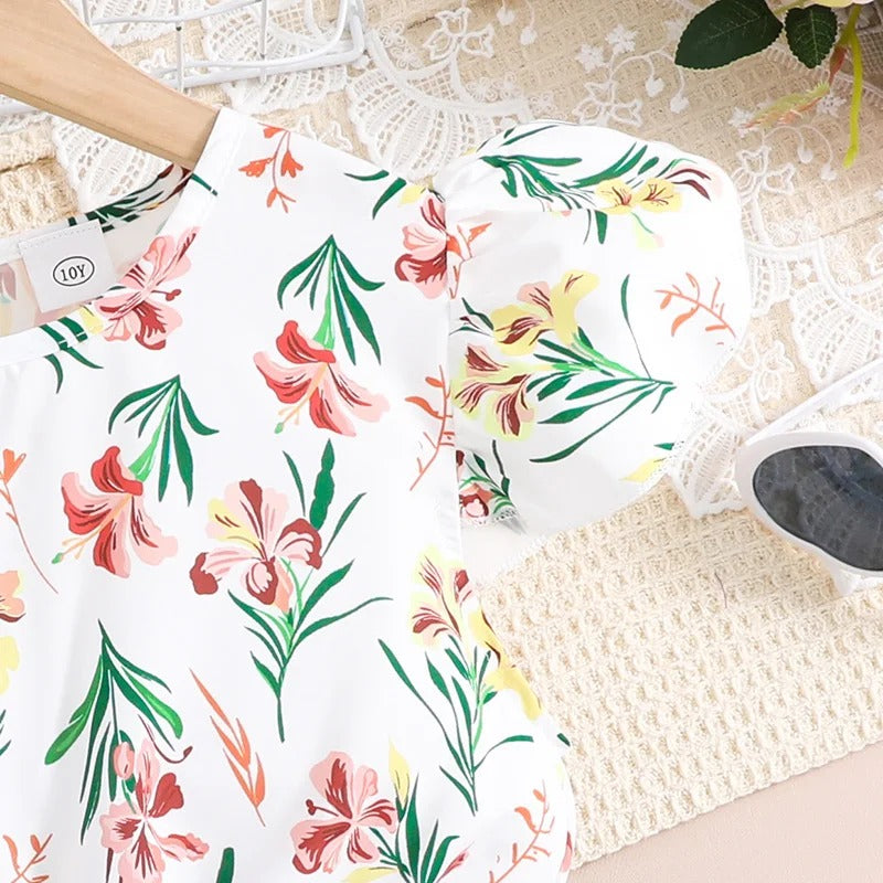 Summer Dress For 8-12 Years Grils Kids White Print Fly Sleeve Green Knee-Length Tulle