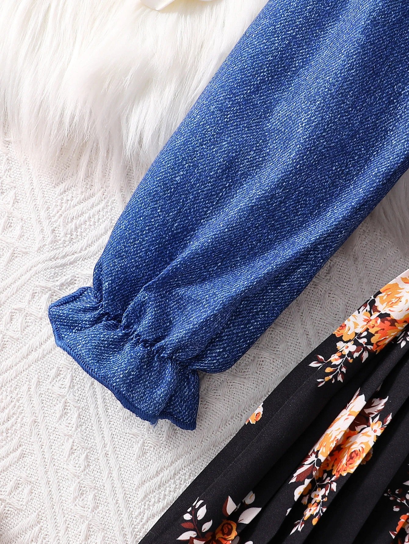 Faux Denim Waist-Cinching Patchwork Floral Dress for Spring, Autumn, and Winter. Girls' Elegant Button-Up Dress