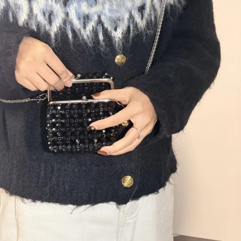 Vintage Black Beaded Clutch Bag with Chain