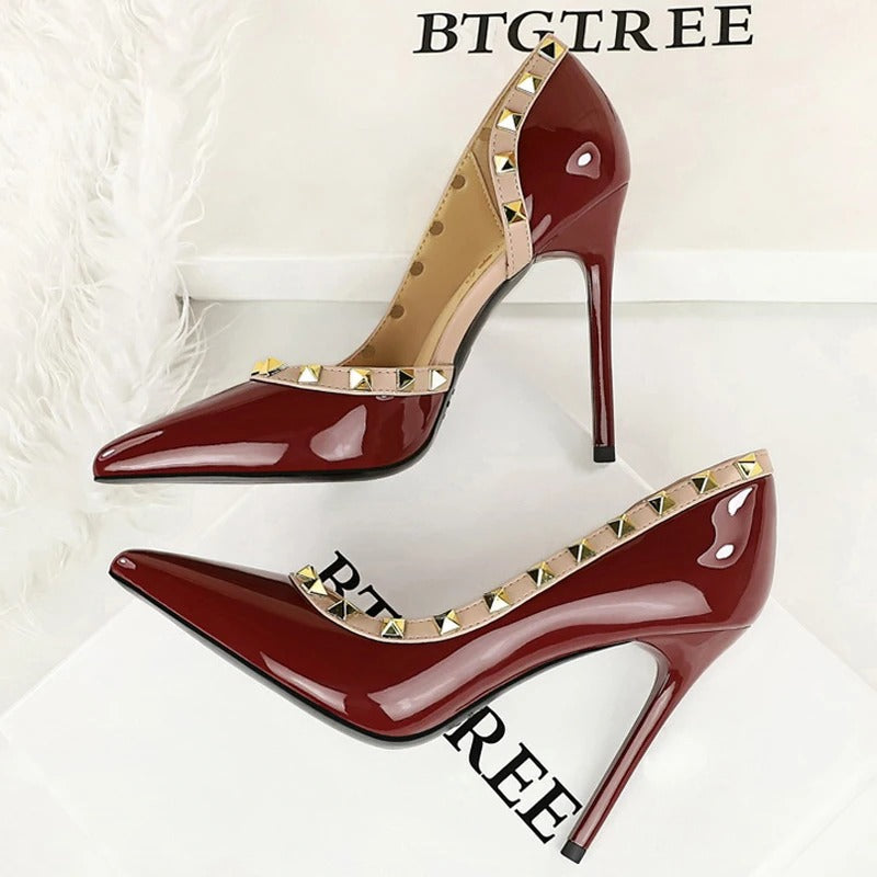 BIGTREE Shoes Rivet Design Women Pumps Patent leather High Heels
