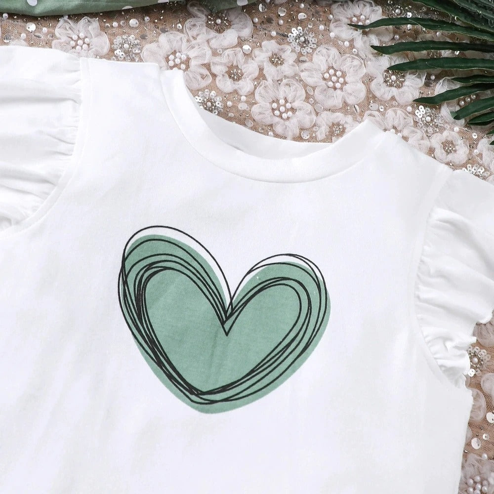 2pcs Set Children White T-Shirt with Green Shorts Summer Teen Girls Outfits For 8 9 10 11 12 Years