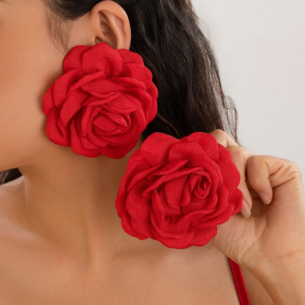 Big Fabric Rose Flower Earrings
