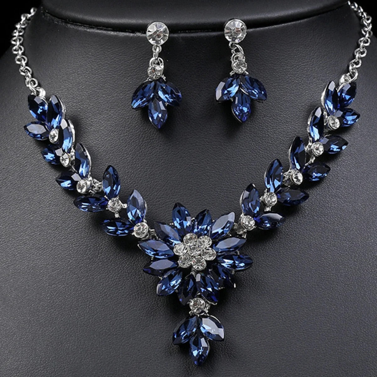 crystal contrasting flower necklace earrings