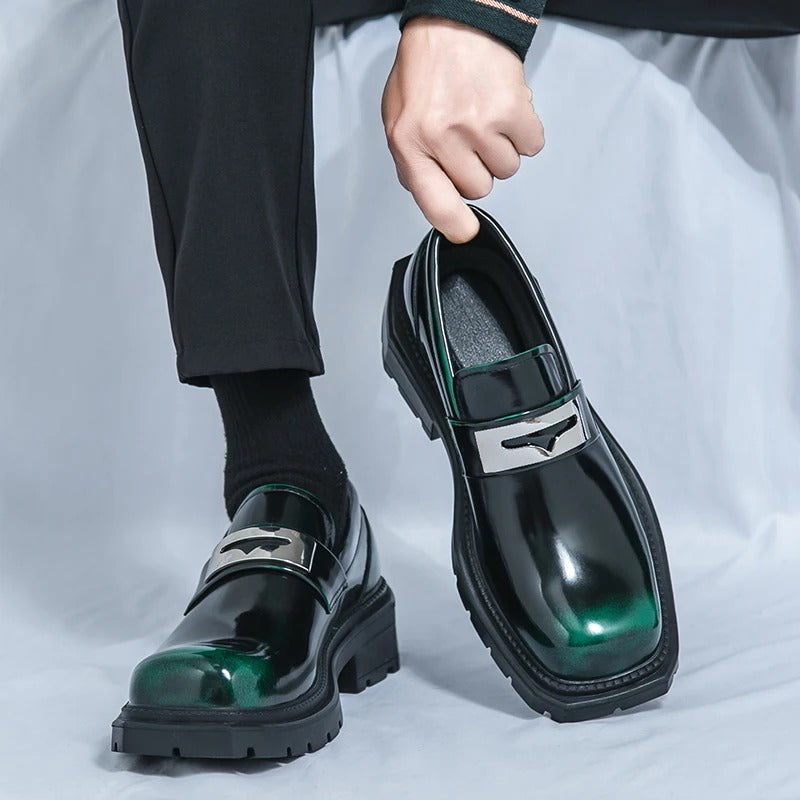 Thick Bottom PU Leather Men Green Loafers Wedding