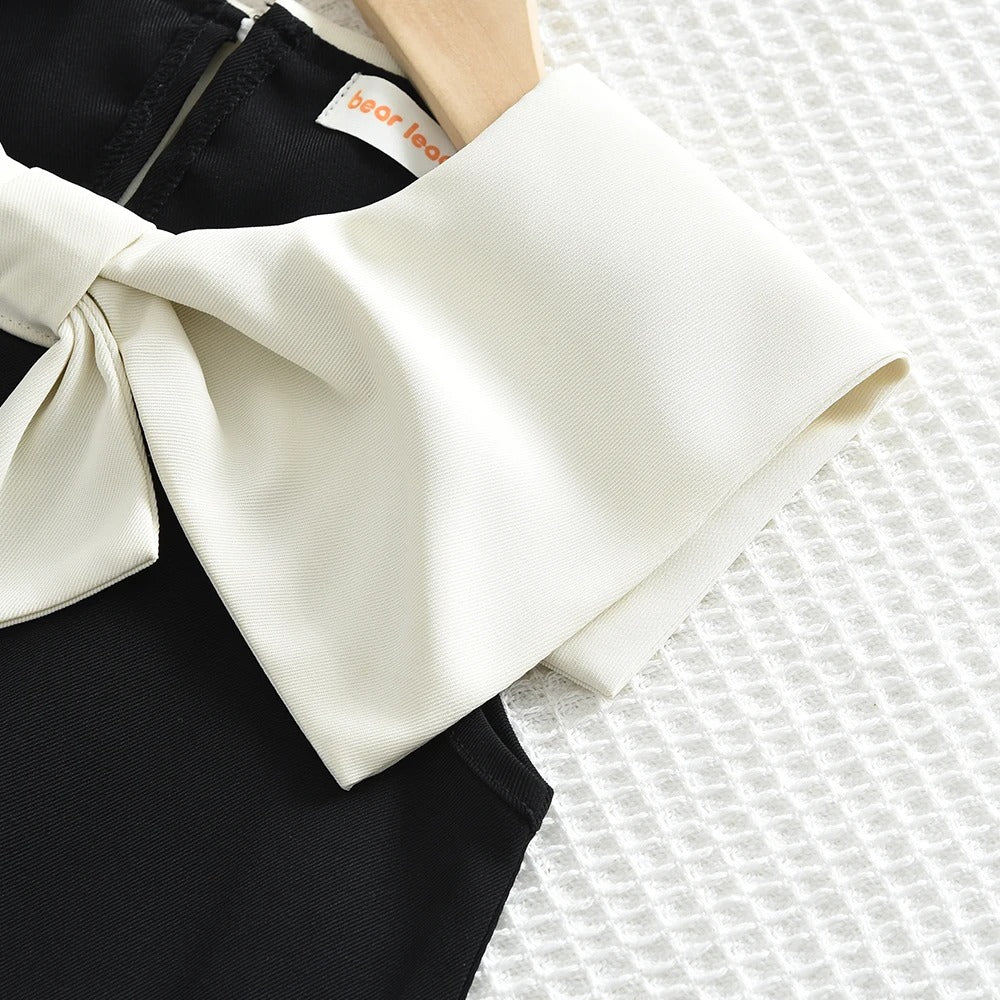 Fashionable Girls' Casual Clothes Lapel Bow Pearl Single Breasted Sleeveless Dress.