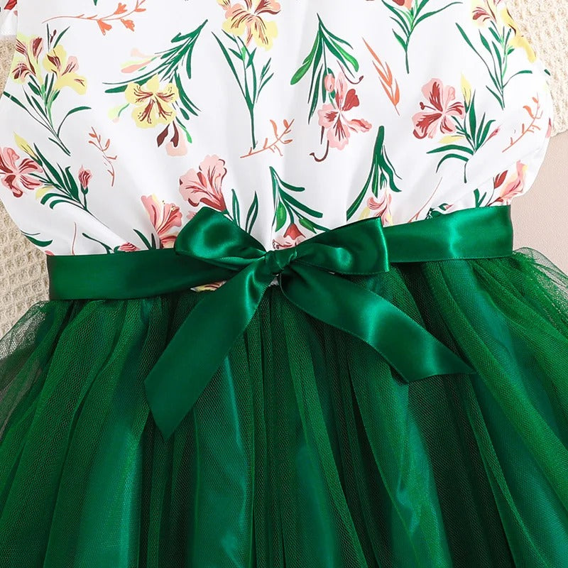 Summer Dress For 8-12 Years Grils Kids White Print Fly Sleeve Green Knee-Length Tulle
