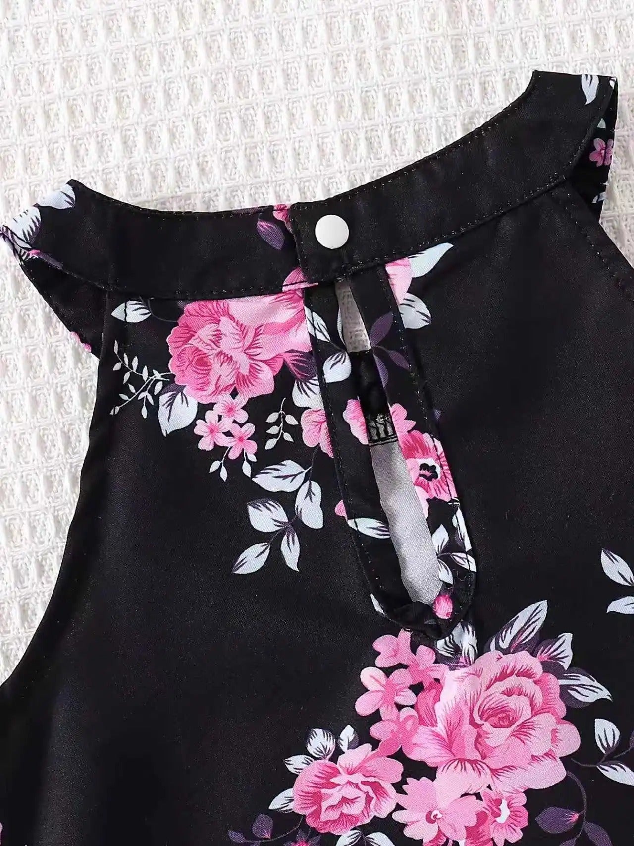 Toddler Girl Black & Pink Floral 3pcs Set Halter Top + Tiered Skirt + Matching Hat Kids Party Dress Set