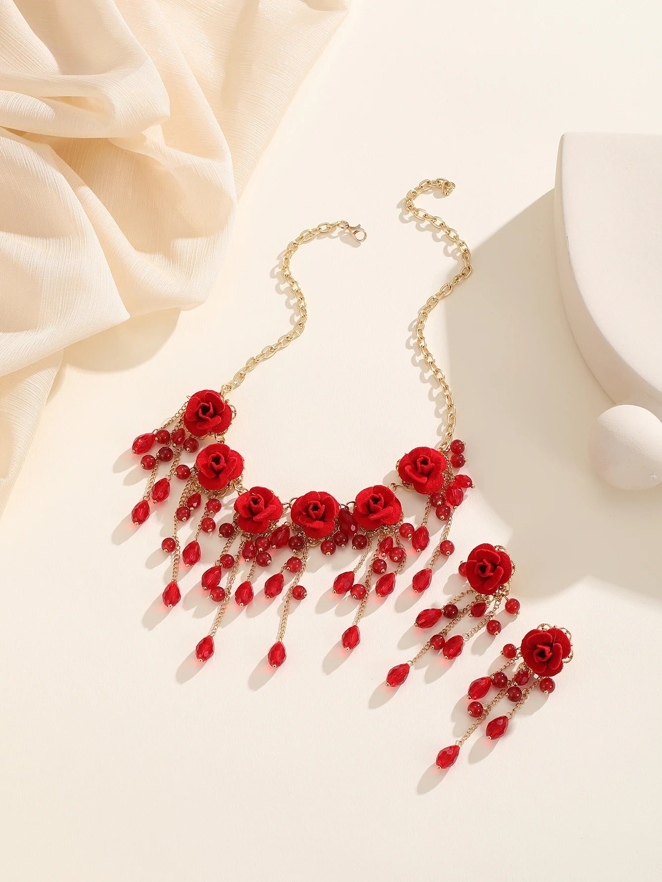 Red Rose Crystal Tassel Pendant Necklace and Earrings