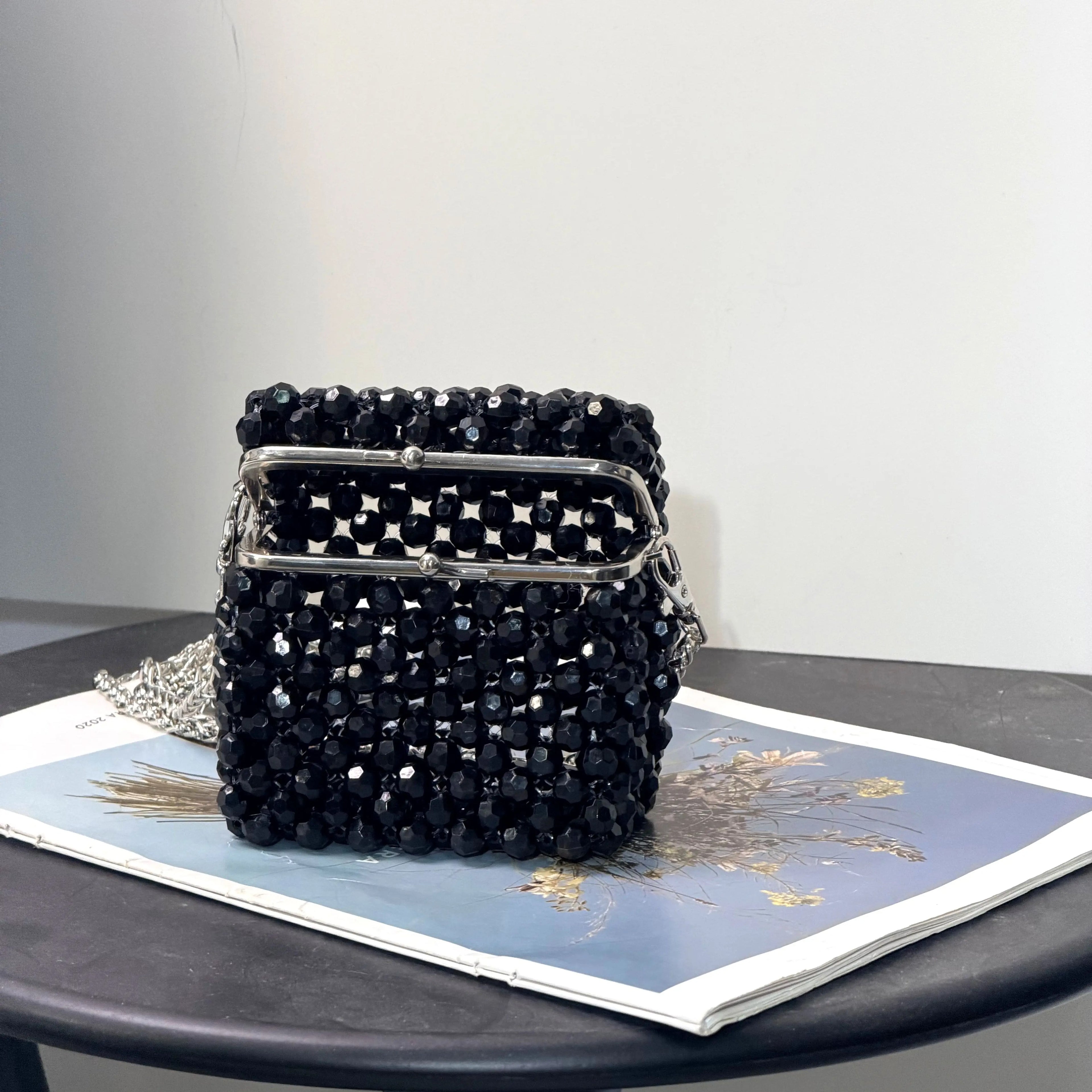 Vintage Black Beaded Clutch Bag with Chain