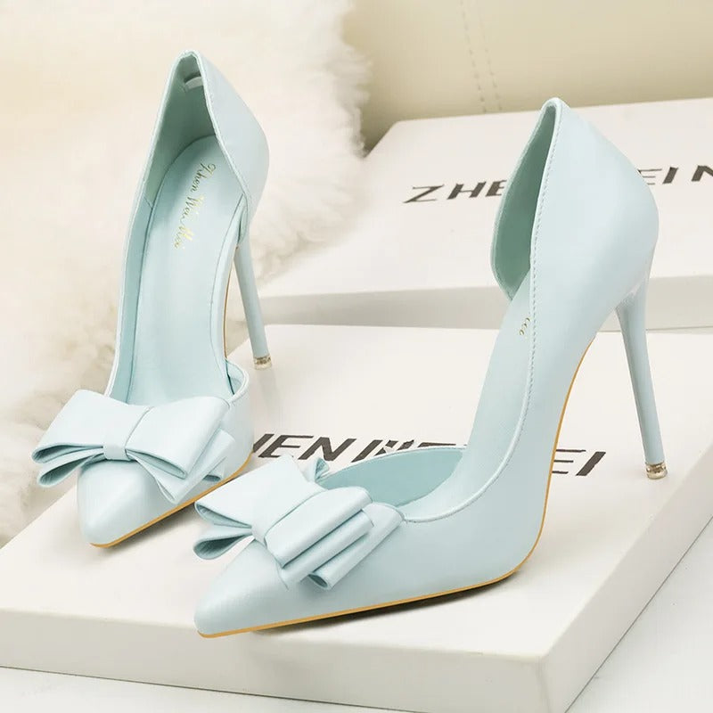 Sweet Bow High Heels Stiletto High Heels Shallow Mouth Pointed Side Hollow Luxury Designer Heels
