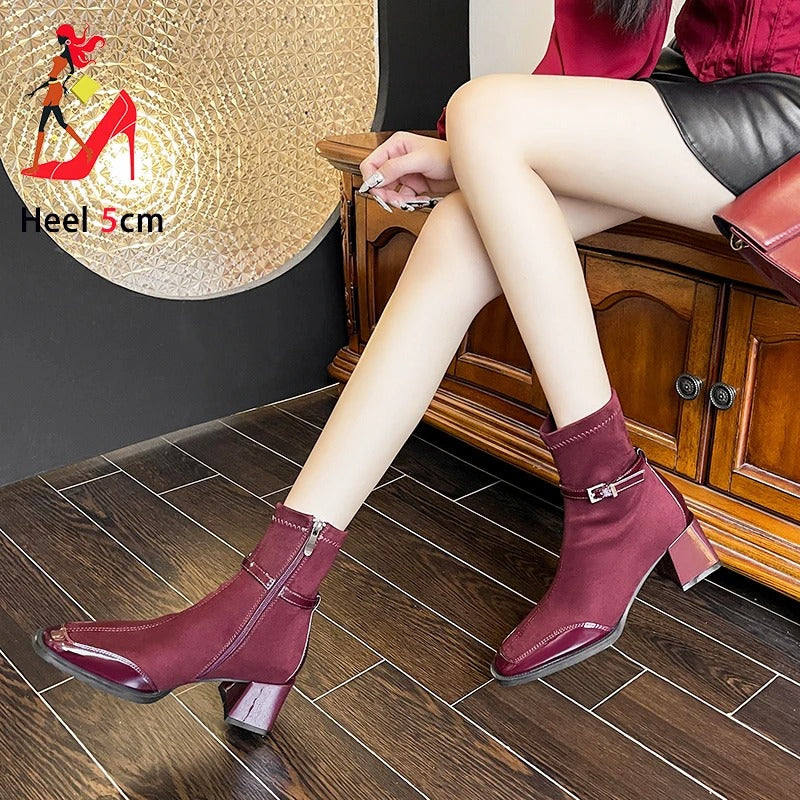 Office Shoes 5CM Square Heel Lady Dating Suede Ankles Boots Elegant Female Shoes