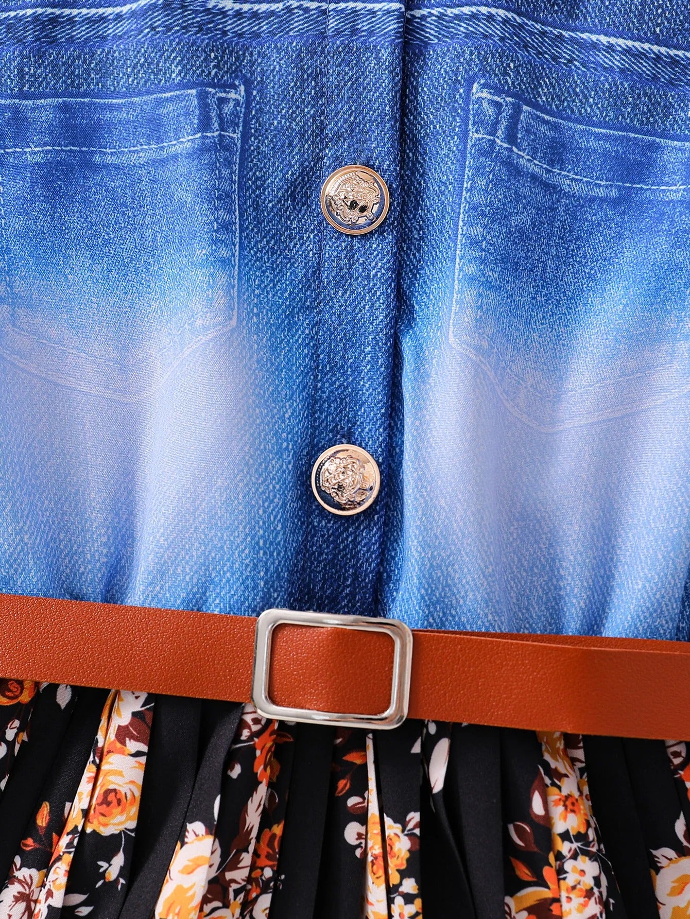 Faux Denim Waist-Cinching Patchwork Floral Dress for Spring, Autumn, and Winter. Girls' Elegant Button-Up Dress