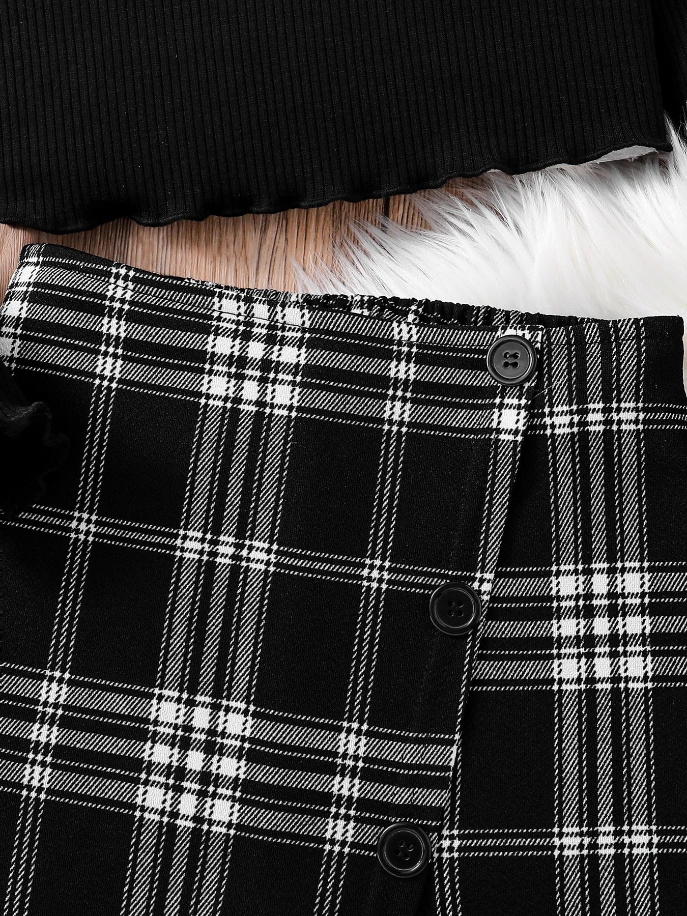 knitted crew-neck long-sleeved top + asymmetrical plaid skirt 2-piece set