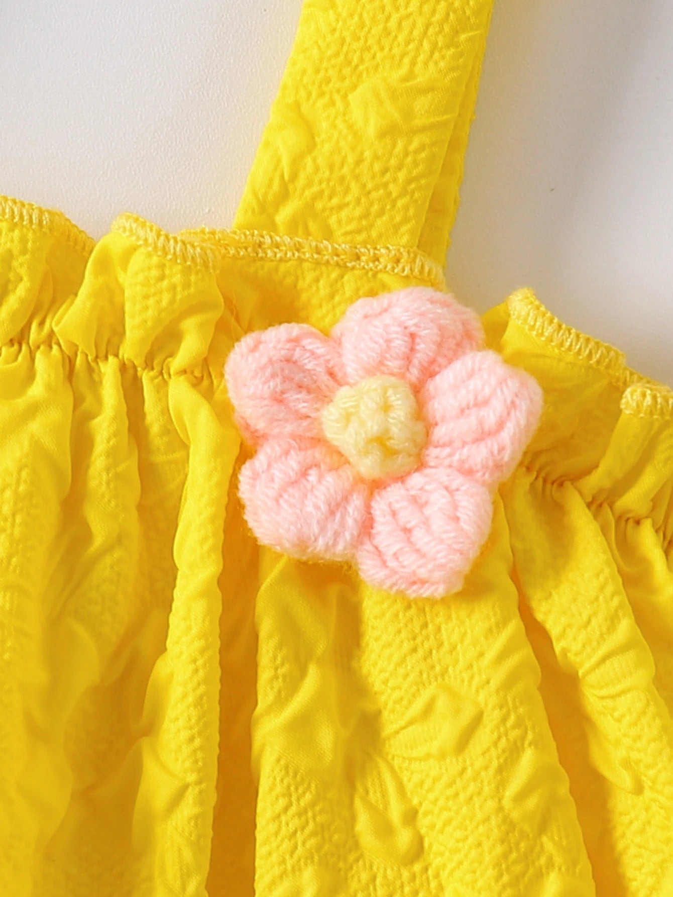 Girls' Yellow Jacquard Set: Floral Appliqué Camisole Top + Ruffled Shorts