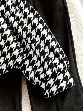 Girls' Two-Piece Set: Houndstooth-Printed Top with Bow Detail and Back Cutout + Flare Pants with Split Cuffs