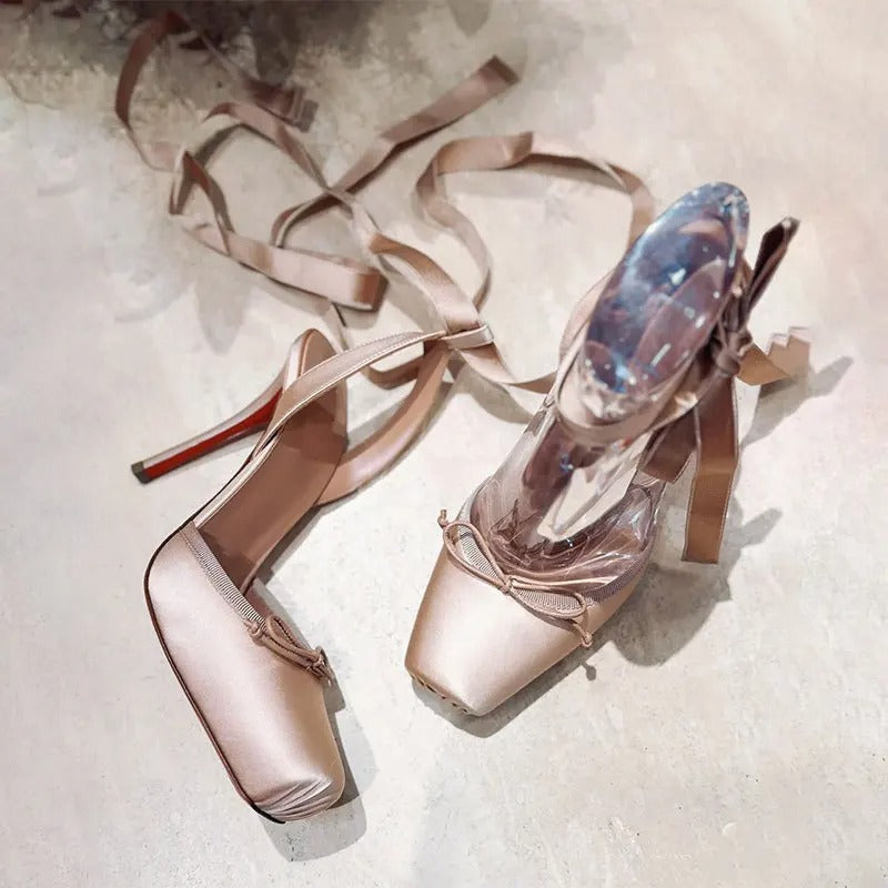 European and American Niche High-heeled Square Toe Ankle Strap Satin Bow Ballet Toe
