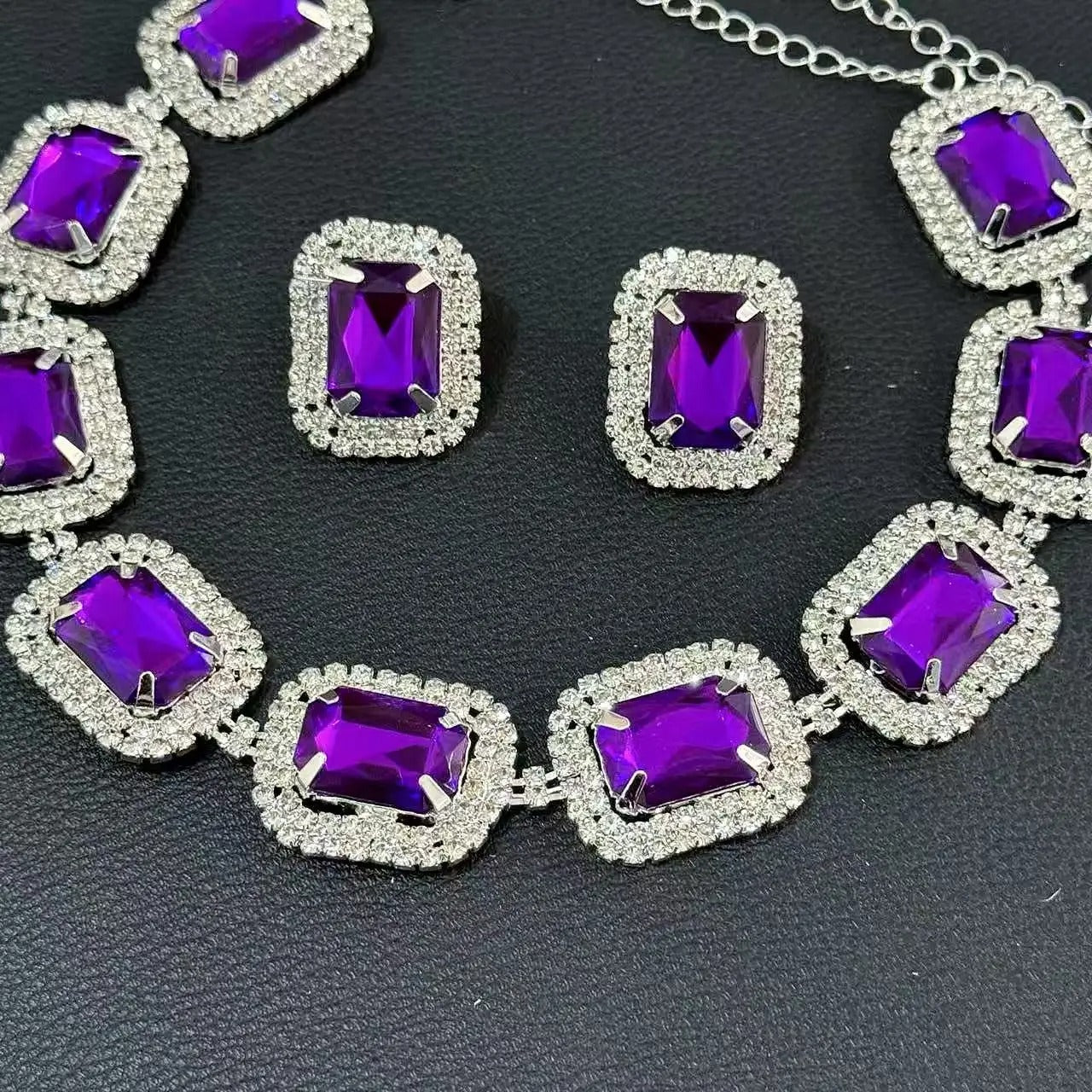 Rhinestone Purple Necklace Earrings Set
