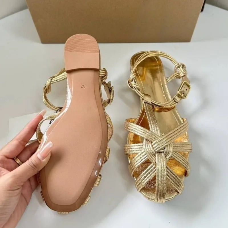 Golden Soft Leather  Summer Flat with Comfortable Beach Shoes for Female