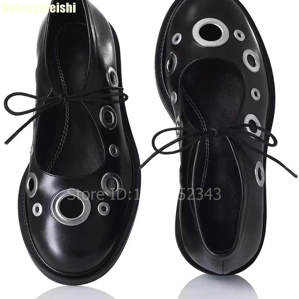 Black/brown Leather Women Loafers Shoes Metal Hollow Shallow Lace-Up Platform
