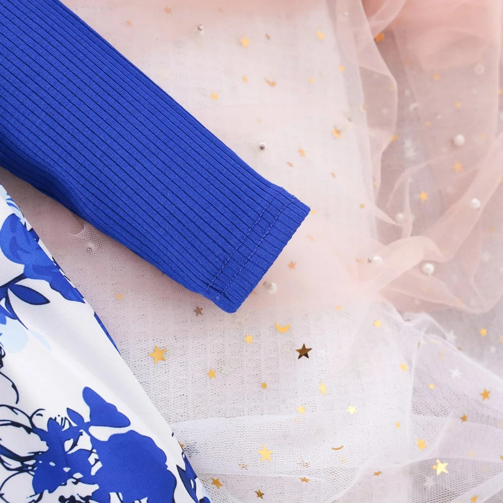 (6 Months -3 Years Old) Spring And Autumn New Blue Flower Baby Girl Dress