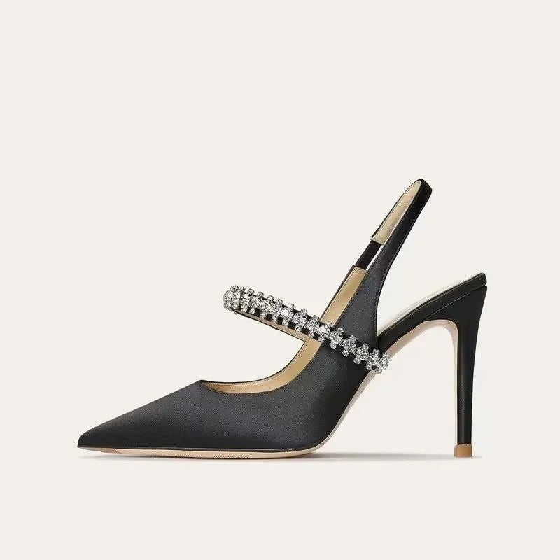 Silk Luxury Sexy Pointed Toe High Heels Womens Elegant Rhinestone Party Dress