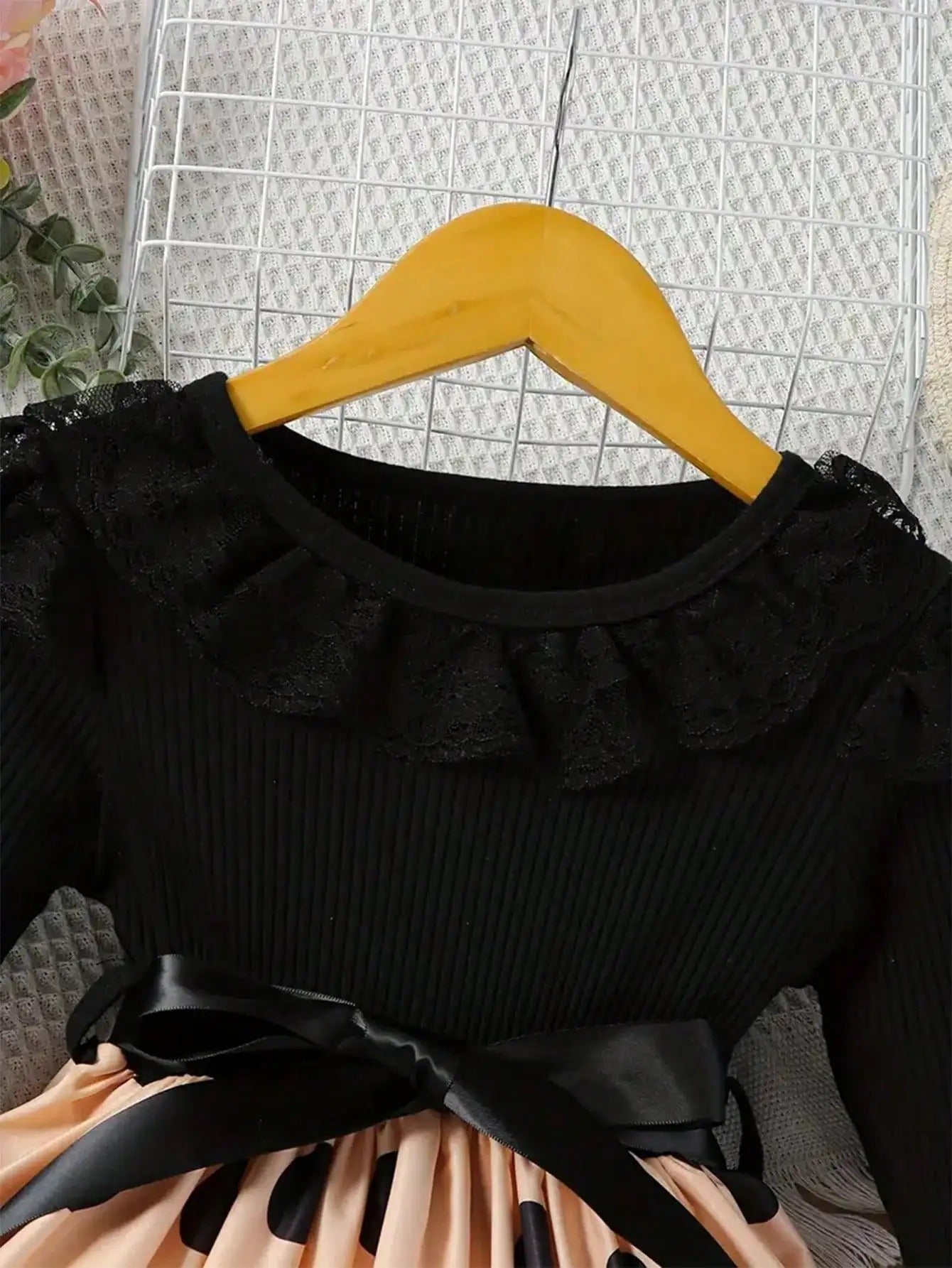 Lace Mesh Edge Round Neck Soft Long-Sleeve Patchwork Polka Dot All-Over Print Mid-Length Dress
