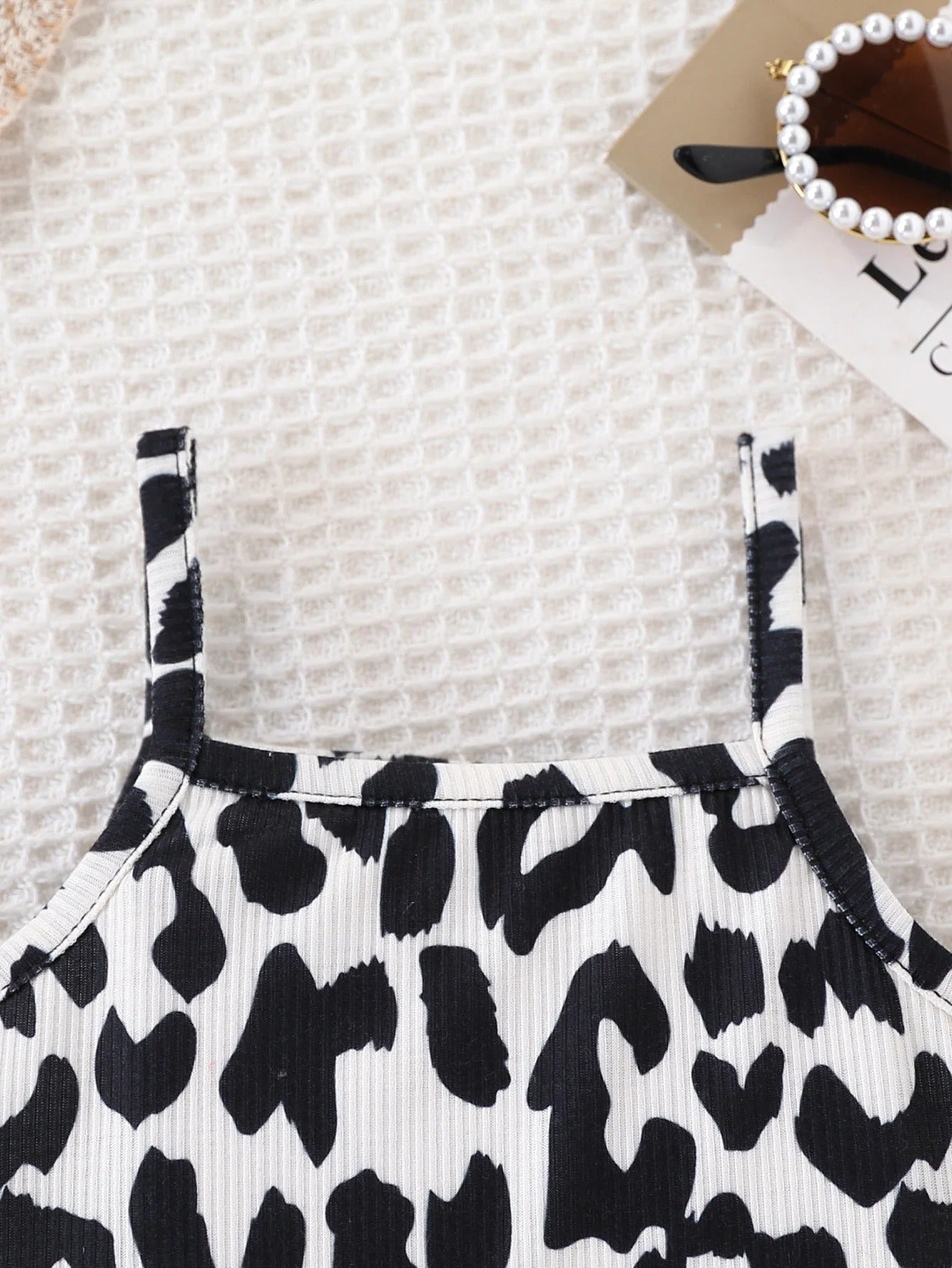 Stretchy Ribbed Leopard Print Jumpsuit Shorts, Stylish Two-Piece Set