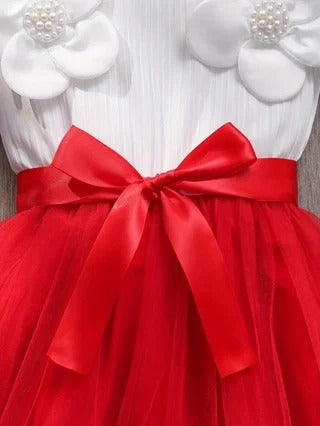 Dress with 3D Floral Embellishments, Tulle Skirt and Bow Accents.