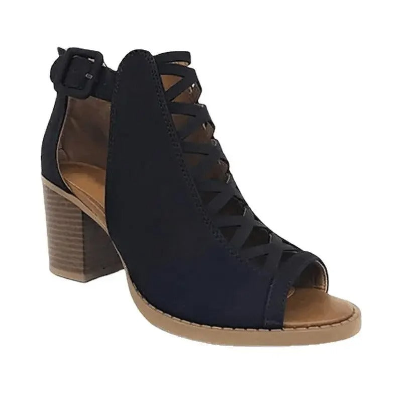 High Heels Mesh Ring Buckle Back Zipper Ladies Sandals Rubber Bottom Shoes