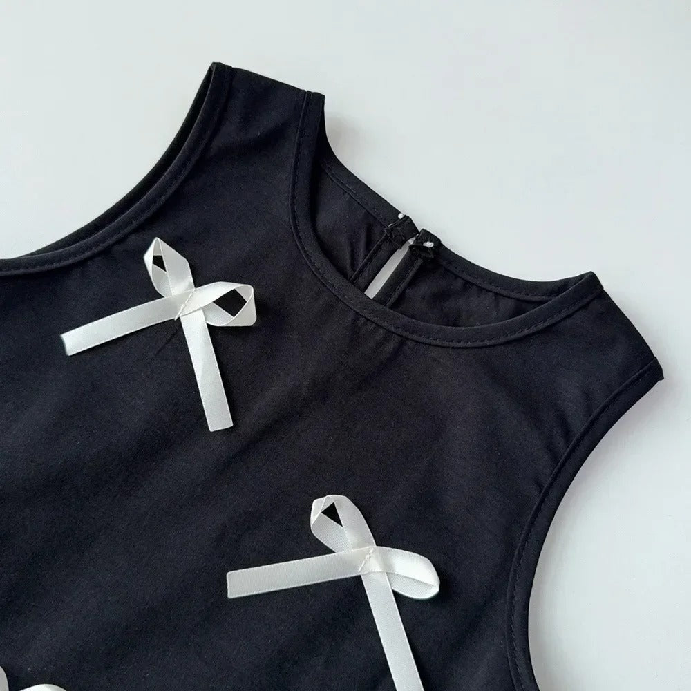 Black Bow Decoration Girls Dress Summer Sleeveless Princess Dresses Color Blocked Children's Clothing 3 To 7 Years Wea