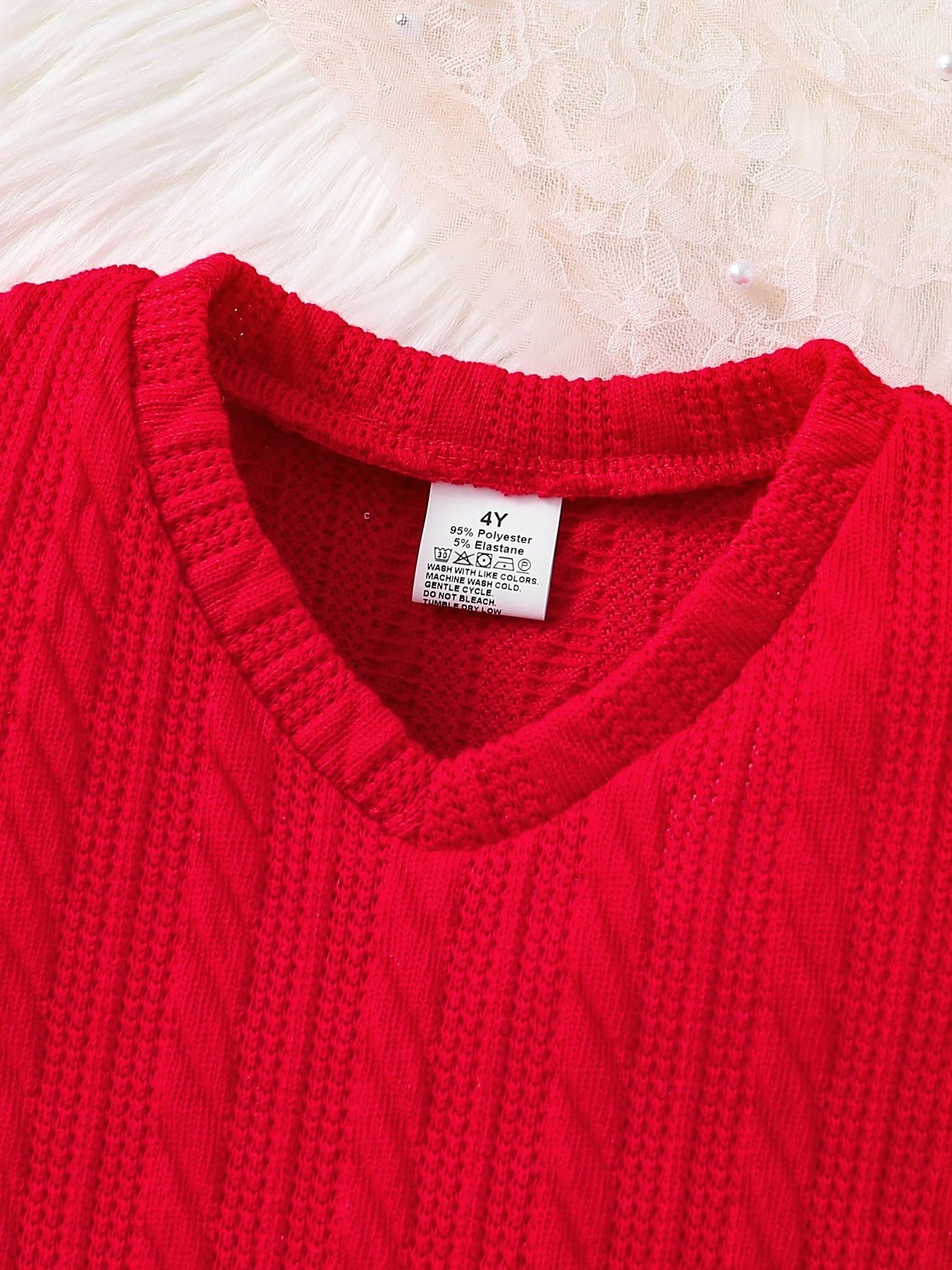 Three Piece Set Knitted Red Tank Top+Lace Collar Lining+Checkered Half Skirt