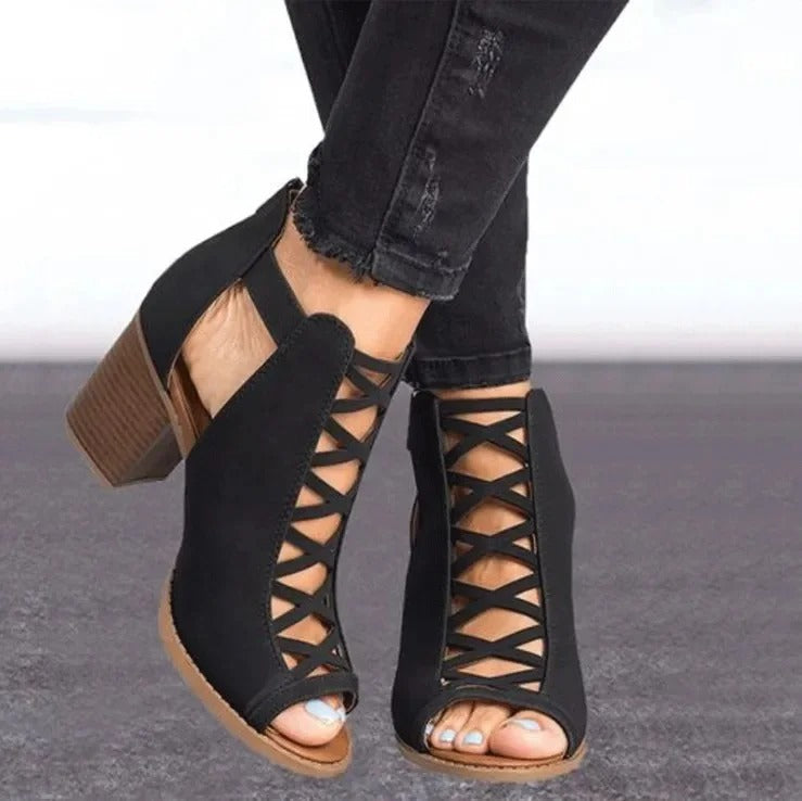 High Heels Mesh Ring Buckle Back Zipper Ladies Sandals Rubber Bottom Shoes