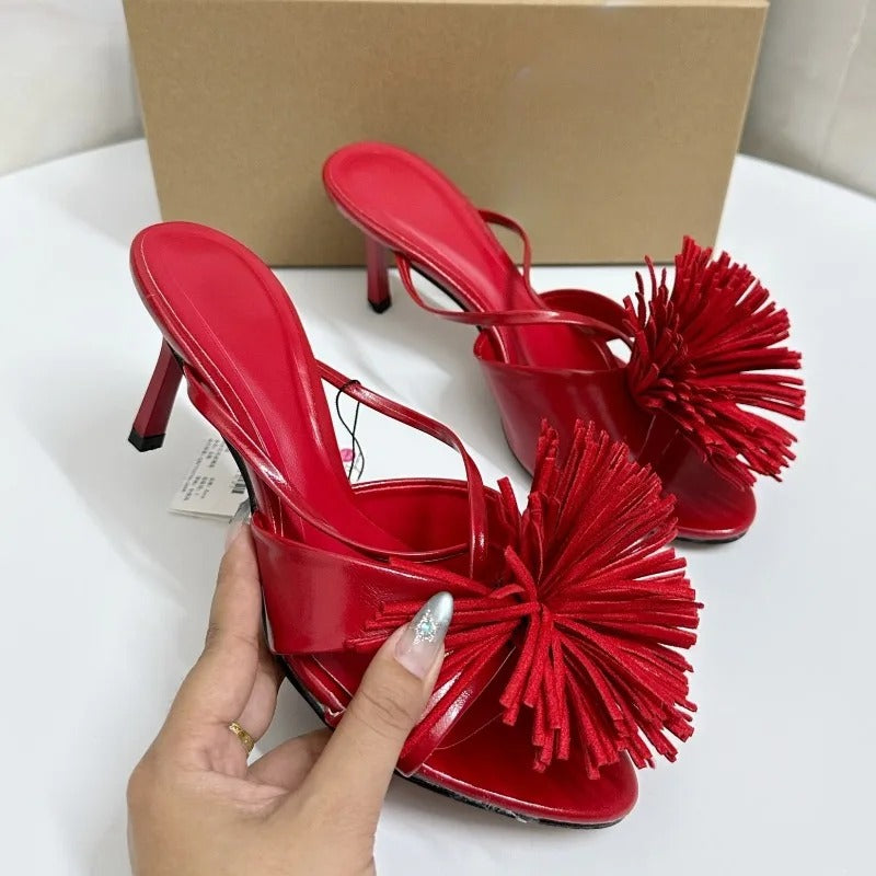 Brand Design High Heels Women Mules Shoes Unique Tassel Flower Party Date
