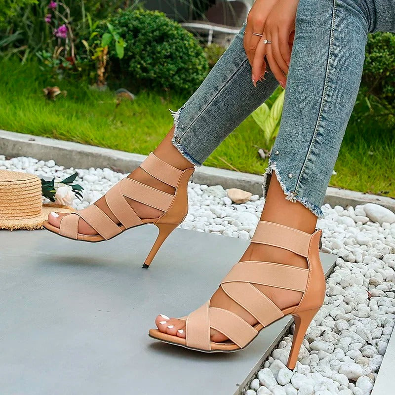 Elastic Broadband Crossover Zipper Gladiator Shoes Party Wedding Pumps.