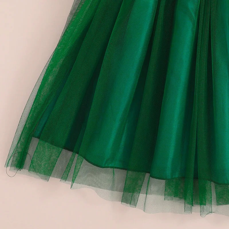 Summer Dress For 8-12 Years Grils Kids White Print Fly Sleeve Green Knee-Length Tulle