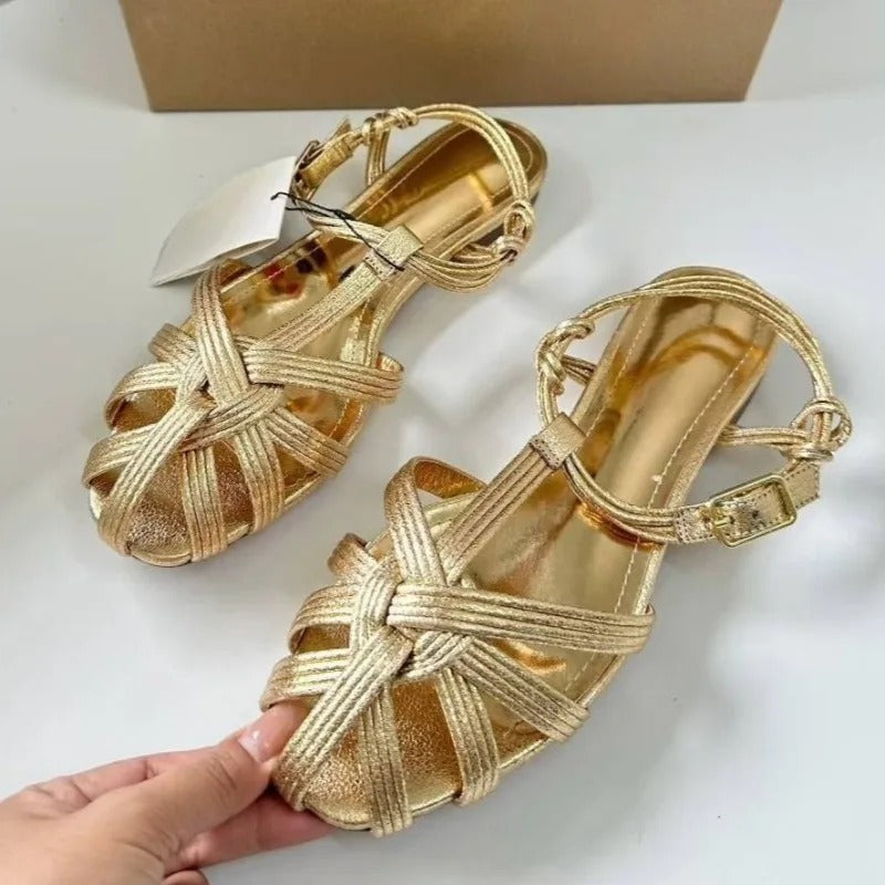 Golden Soft Leather  Summer Flat with Comfortable Beach Shoes for Female