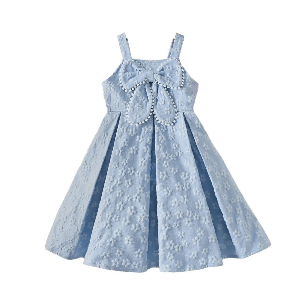 Summer Blue Suspender Dress Large Skirt Bow Decoration Kids