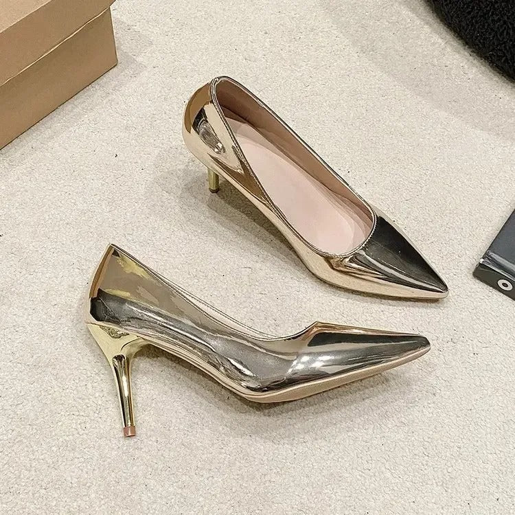 Soft Leather Sliver Gold High Heels 8/10cm Shoe Fashion Women Pumps Pointed Toe Slip-