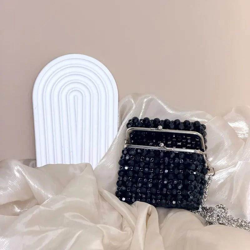 Vintage Black Beaded Clutch Bag with Chain