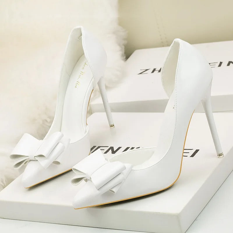 Sweet Bow High Heels Stiletto High Heels Shallow Mouth Pointed Side Hollow Luxury Designer Heels