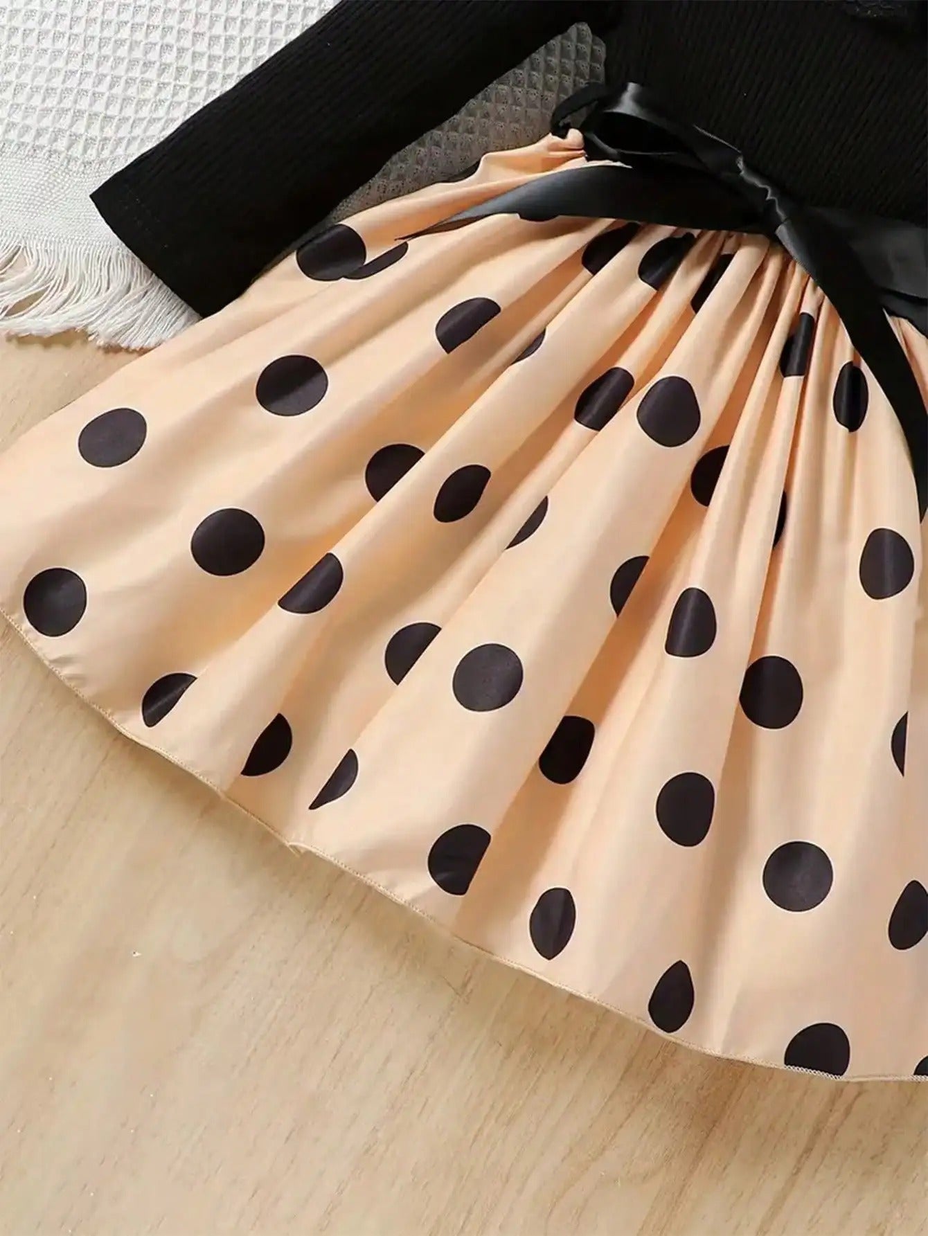 Lace Mesh Edge Round Neck Soft Long-Sleeve Patchwork Polka Dot All-Over Print Mid-Length Dress