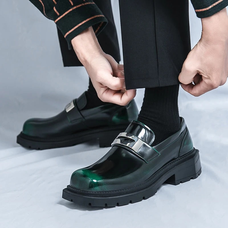 Thick Bottom PU Leather Men Green Loafers Wedding