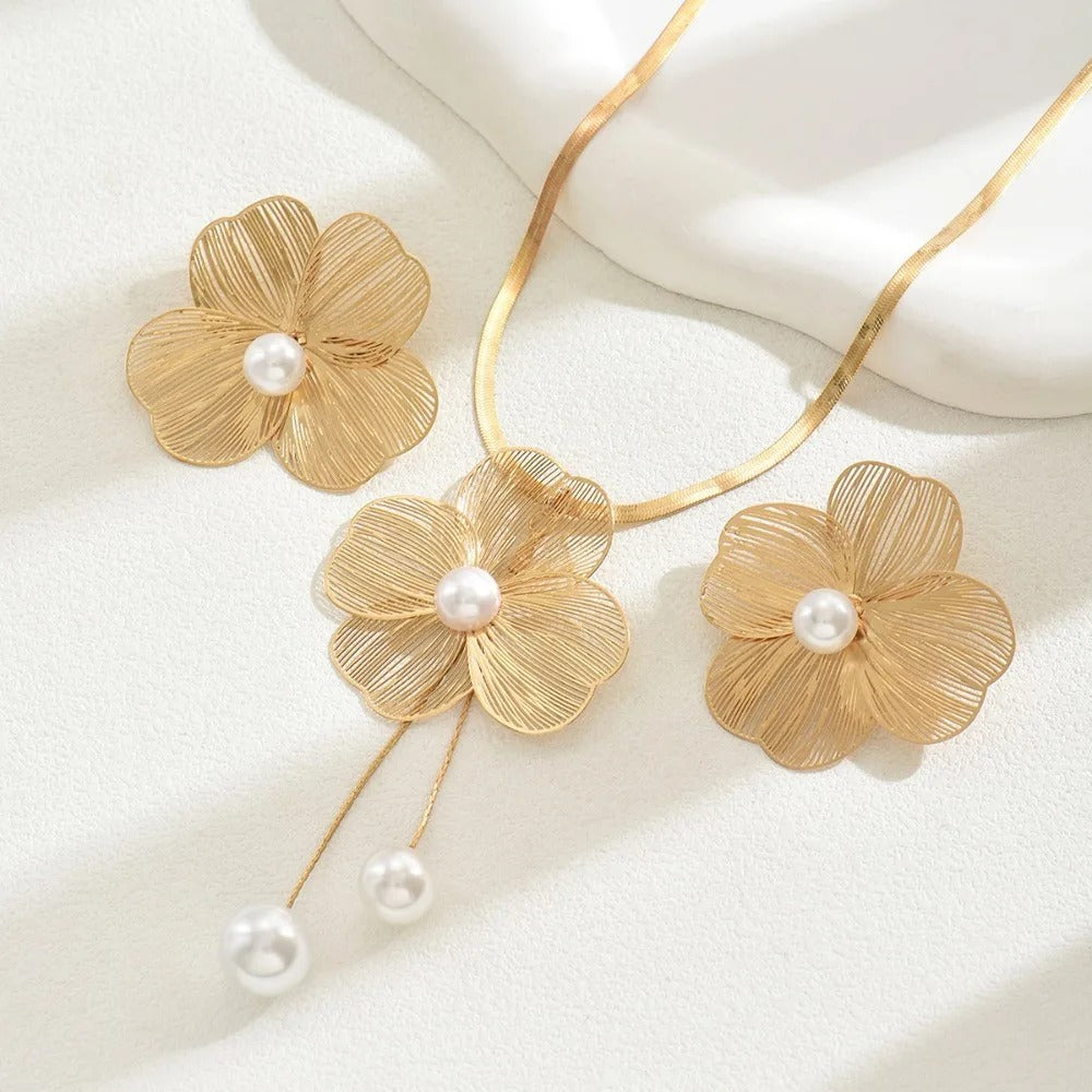 Stereo Flower Inlay Pearl Necklace Earrings