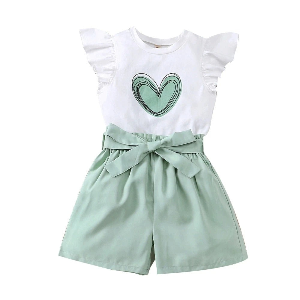 2pcs Set Children White T-Shirt with Green Shorts Summer Teen Girls Outfits For 8 9 10 11 12 Years