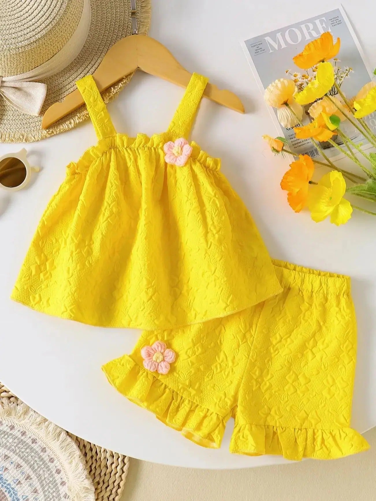 Girls' Yellow Jacquard Set: Floral Appliqué Camisole Top + Ruffled Shorts